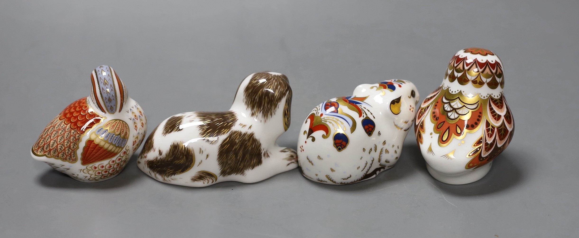 Four Royal Crown Derby Collectors Guild paperweights - Owlet, Bank Vole, Scruff and Teal Duckling, all boxed with gold stoppers